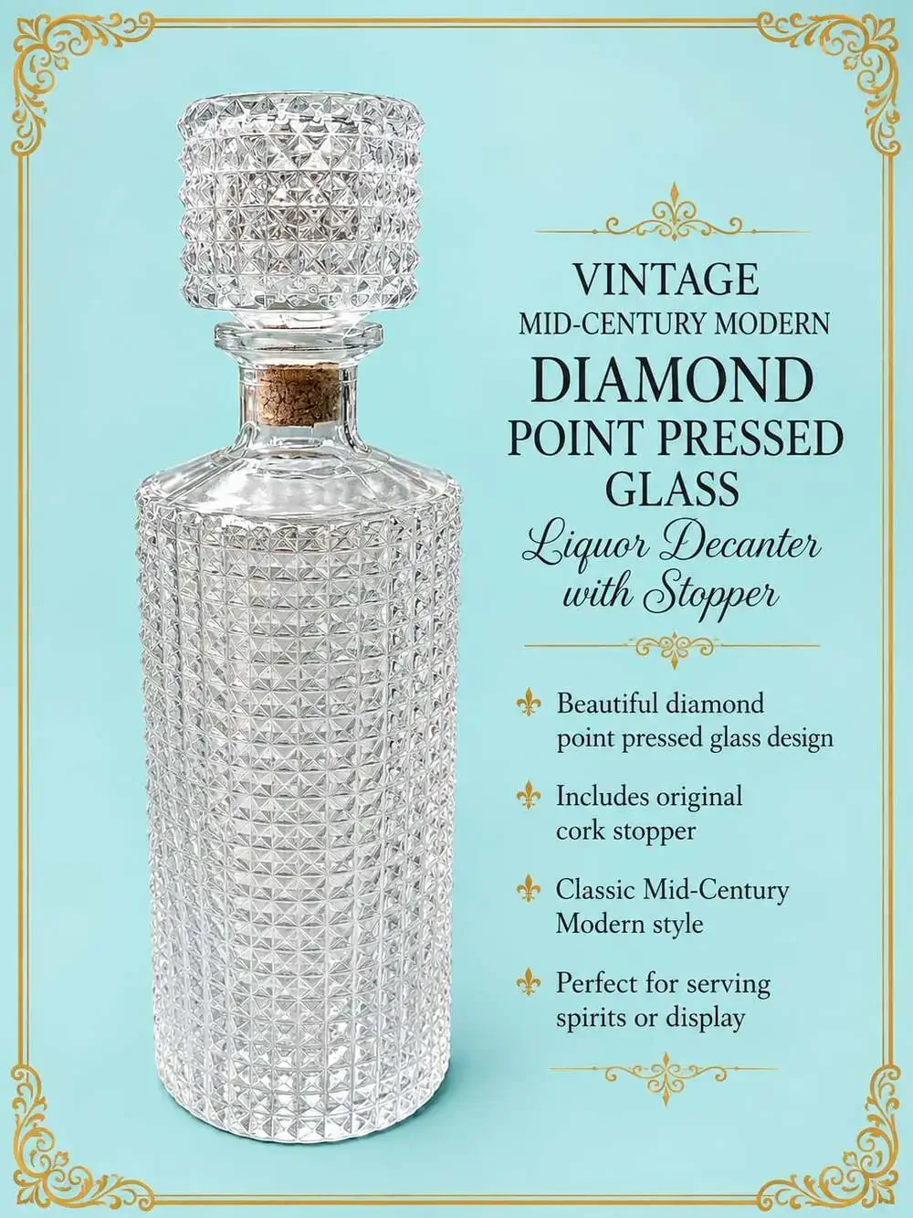 Vintage Mid-Century Modern Diamond Point Pressed Glass Liquor Decanter with Stop